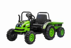 Electric Tractor POWER with trailer, green, Rear wheel drive, 12V battery, Plastic wheels, wide seat, 2.4 GHz Remote control, MP3 player with USB, LED Lights