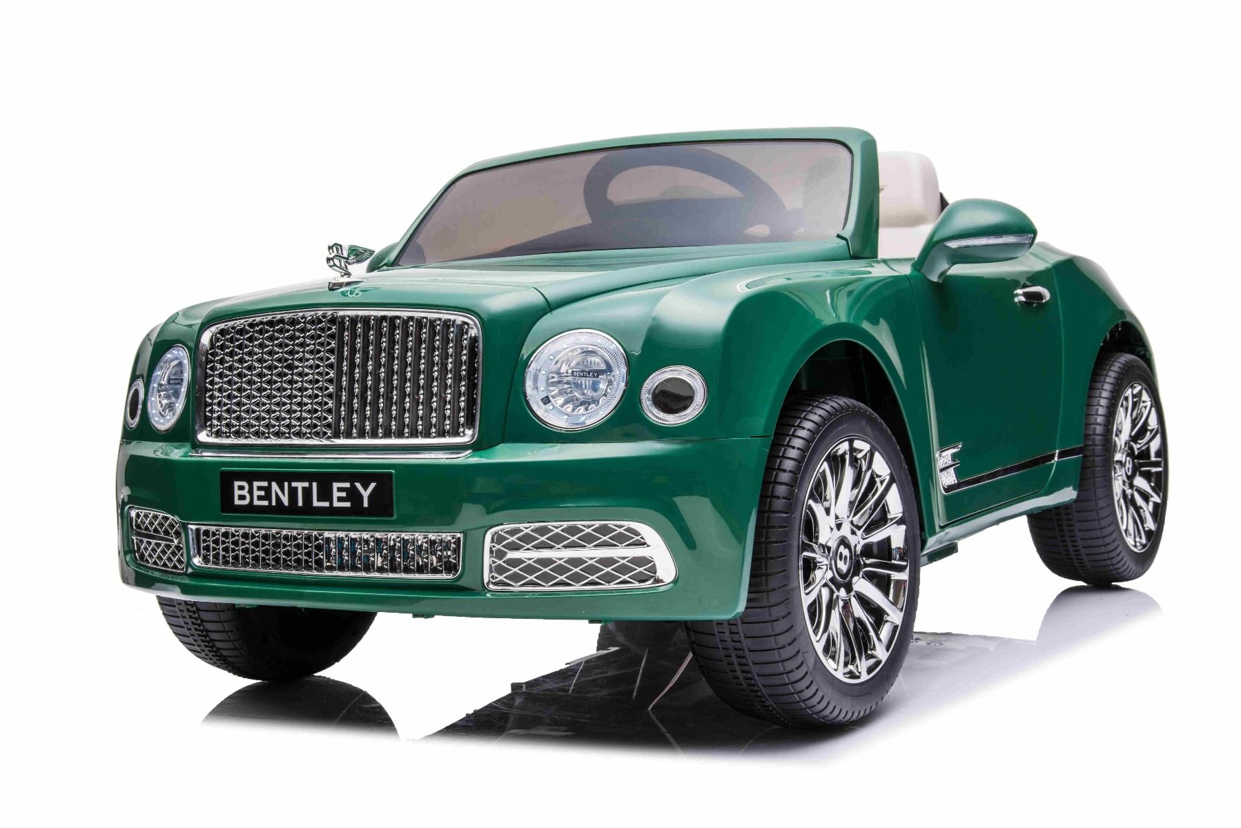 Electric ride-on car Bentley Mulsanne 12V, green, Leatherette seat, 2.4 GHz  remote control, Eva wheels, USB / Aux Input, Suspension, 12V / 7Ah battery,  LED Lights, Soft EVA wheels, 2 X 35W